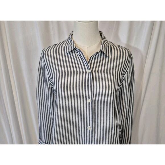 J. Crew Gray White Classic Fit Striped Beach Linen Cotton Tunic Shirt XS - Picture 2 of 5
